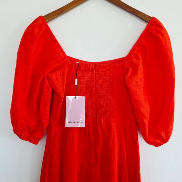 Avec Les Filles Coral Orange Puff Sleeve Side Slit Tiered Midi Dress Sz 2 XS - Picture 7 of 11